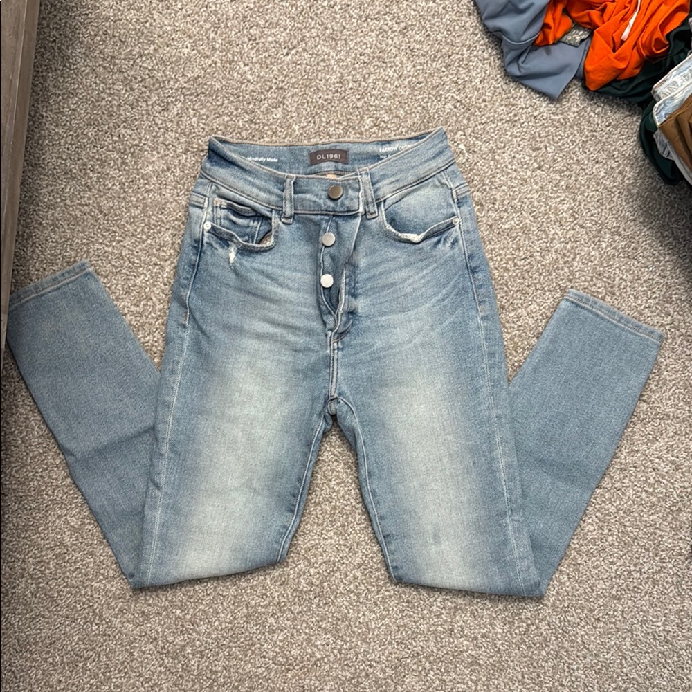 DL1961 High Rise Blue Jeans with Modern Distressing